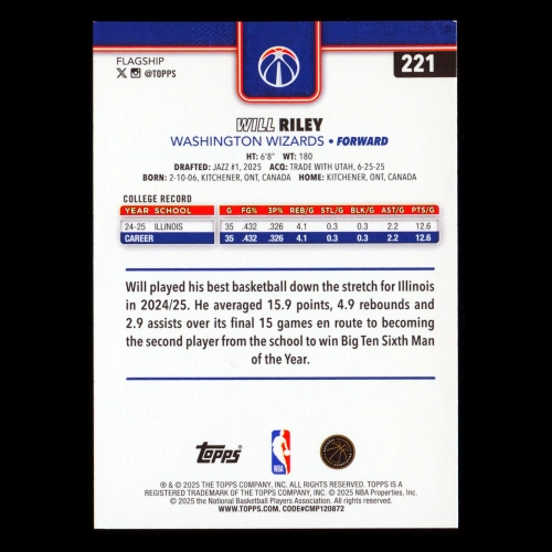 Will Riley RC 2025-26 Topps Rookie Wizards