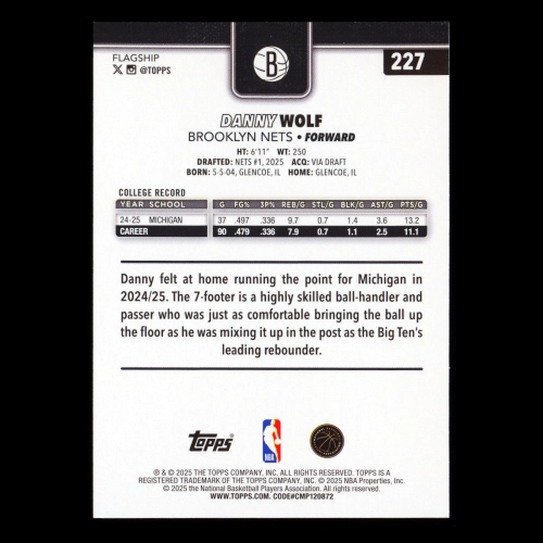 Danny Wolf RC 2025-26 Topps Rookie Nets