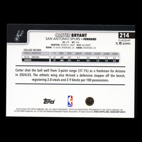 Carter Bryant RC 2025-26 Topps Rookie Spurs