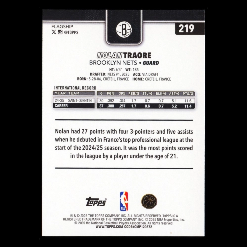 Nolan Traore RC 2025-26 Topps Rookie Nets