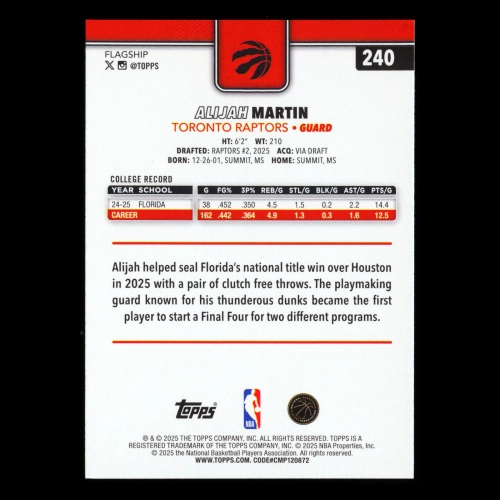 Alijah Martin RC 2025-26 Topps Rookie Raptors