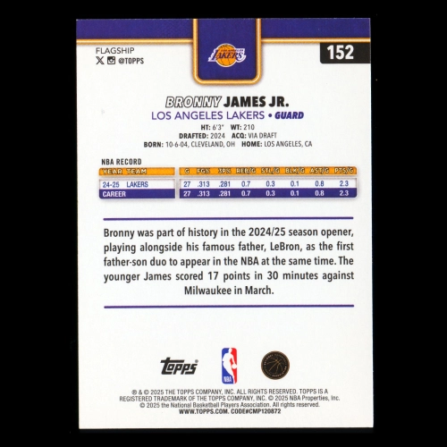 Bronny James Jr. RC 2025-26 Topps Rookie Lakers