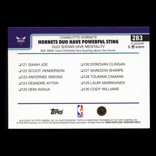 Brandon Miller 2025-26 Topps Checklist Hornets
