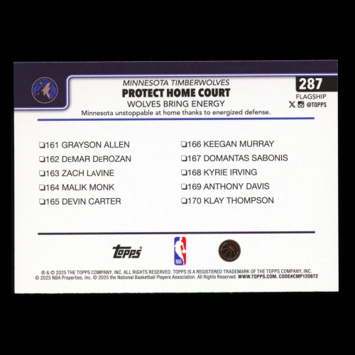 Anthony Edwards 2025-26 Topps Checklist Timberwolves