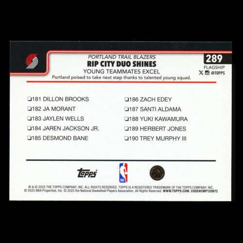 Shaedon Sharpe 2025-26 Topps Checklist Trail Blazers
