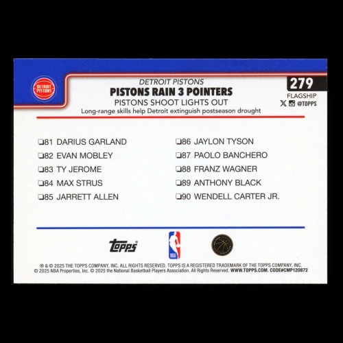 Cade Cunningham 2025-26 Topps Checklist Pistons