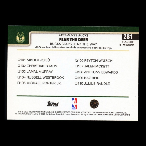 Giannis Antetokounmpo 2025-26 Topps Checklist Bucks