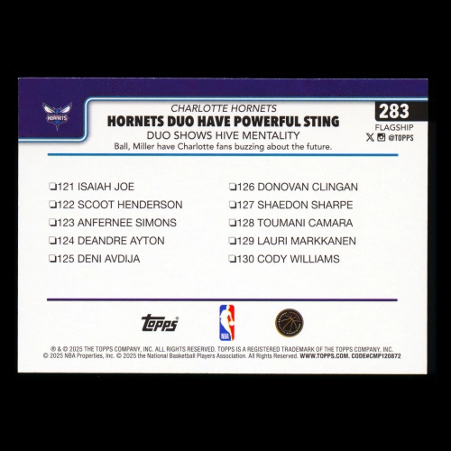 Brandon Miller 2025-26 Topps Checklist Hornets