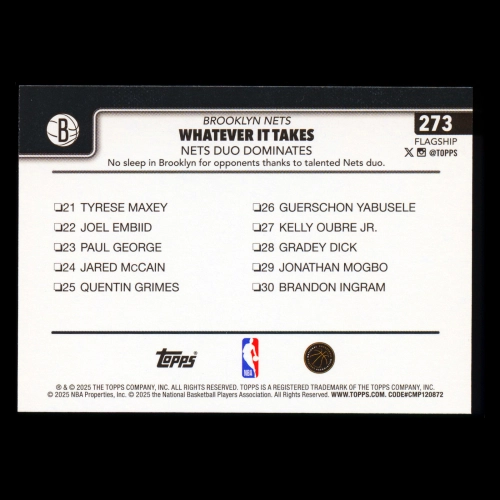 Cameron Johnson 2025-26 Topps Checklist Nets