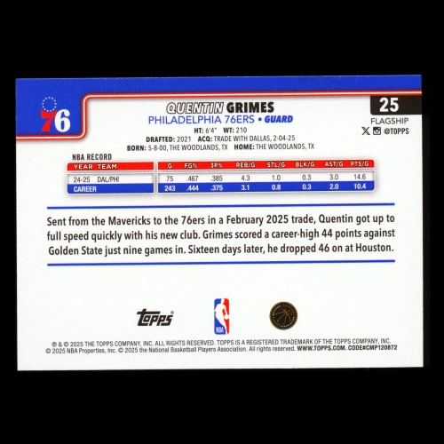 Quentin Grimes 2025-26 Topps Rainbow Foil 76ers