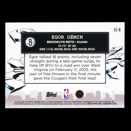 Egor Demin RC 2025-26 Topps Clutch City Prospects Rookie Nets