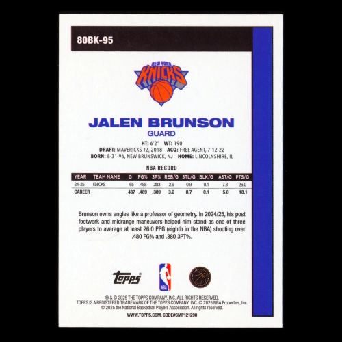 Jalen Brunson 2025-26 Topps '80-81 Topps Retro Knicks