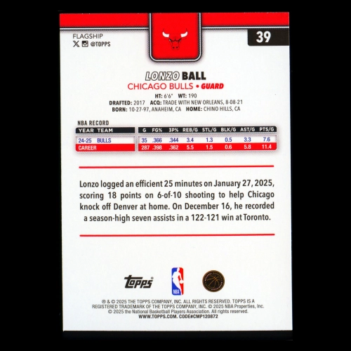 Lonzo Ball 2025-26 Topps Diamante Bulls