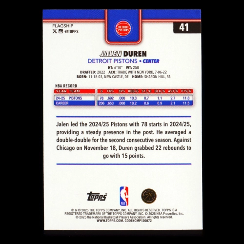 Jalen Duren 2025-26 Topps Rainbow Foilboard Pistons