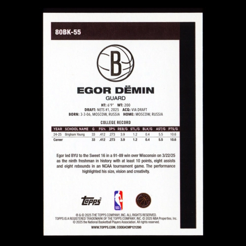 Egor Demin RC 2025-26 Topps '80-81 Topps Retro Rookie Nets
