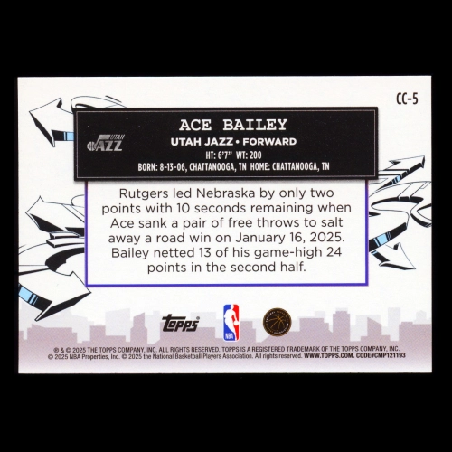 Ace Bailey RC 2025-26 Topps Clutch City Prospects Rookie Jazz