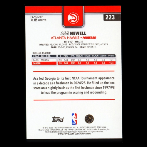 Asa Newell RC 2025-26 Topps Rookie Hawks