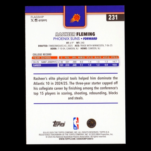 Rasheer Fleming RC 2025-26 Topps Rookie Suns