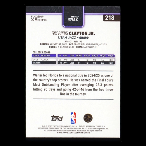 Walter Clayton Jr. RC 2025-26 Topps Rookie Jazz