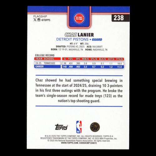Chaz Lanier RC 2025-26 Topps Rookie Pistons
