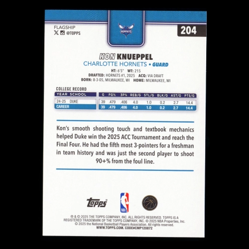Kon Knueppel RC 2025-26 Topps Rookie Hornets