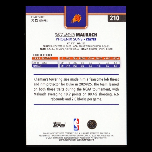 Khaman Maluach RC 2025-26 Topps Rookie Suns