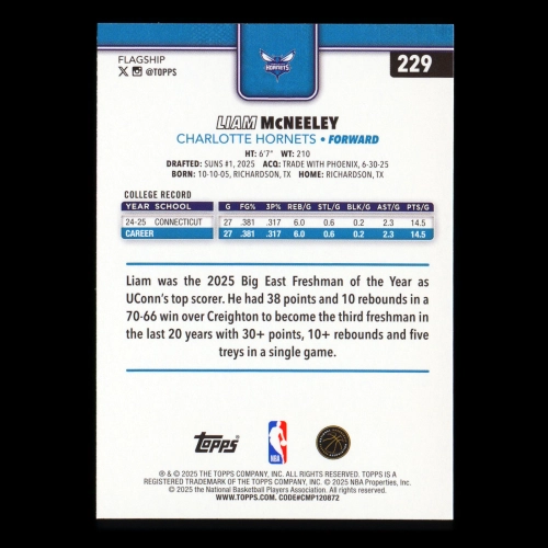 Liam McNeeley RC 2025-26 Topps Rookie Hornets