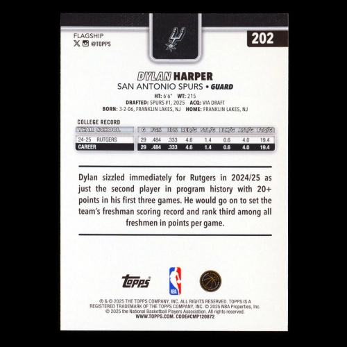 Dylan Harper RC 2025-26 Topps Rookie Spurs