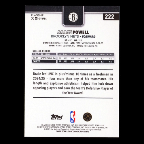 Drake Powell RC 2025-26 Topps Rookie Nets