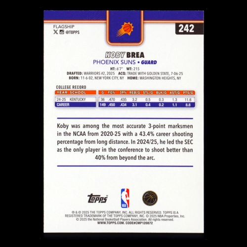 Koby Brea RC 2025-26 Topps Rookie Suns