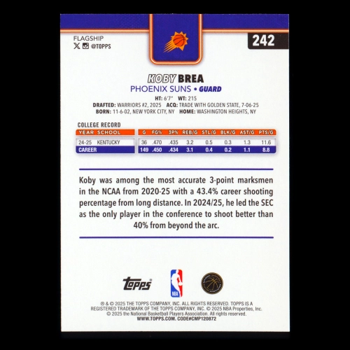 Koby Brea RC 2025-26 Topps Rookie Suns