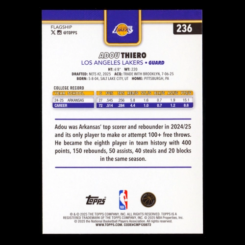 Adou Thiero RC 2025-26 Topps Rookie Lakers