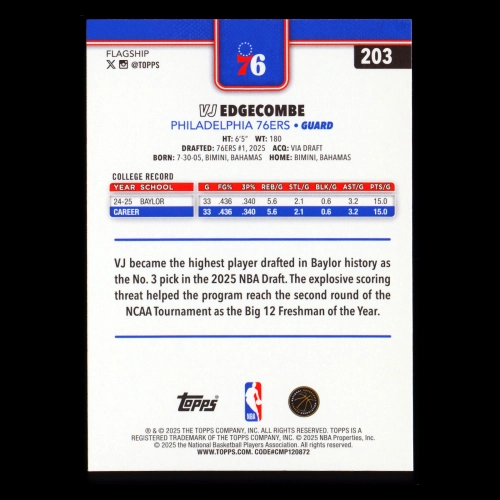 VJ Edgecombe RC 2025-26 Topps Rookie 76ers