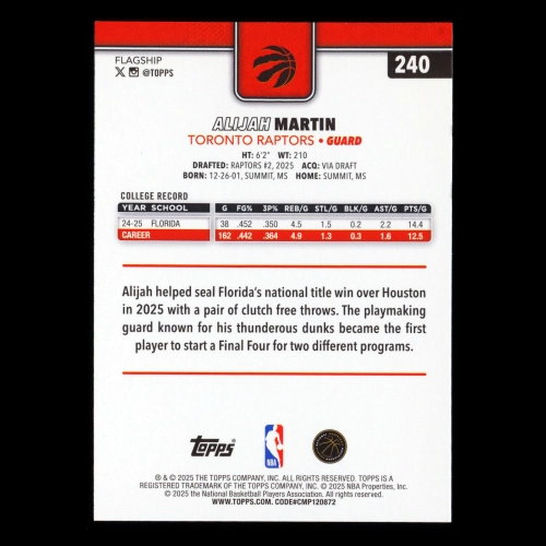 Alijah Martin RC 2025-26 Topps Rookie Raptors