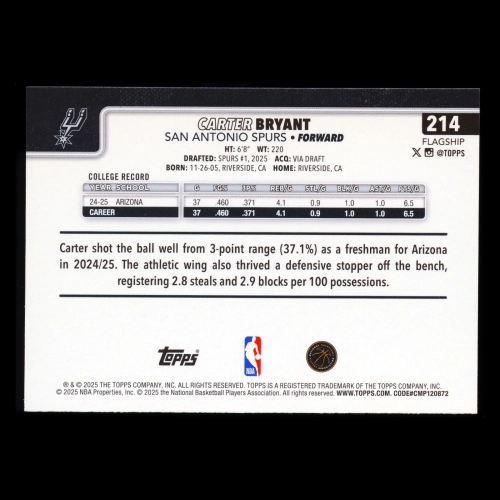 Carter Bryant RC 2025-26 Topps Rookie Spurs