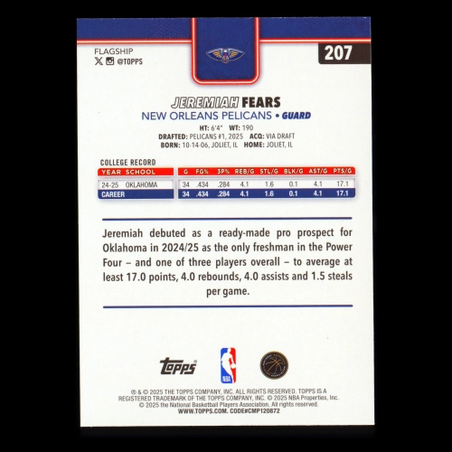Jeremiah Fears RC 2025-26 Topps Rookie Pelicans