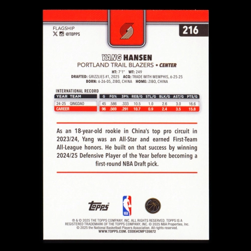 Yang Hansen RC 2025-26 Topps Rookie Trail Blazers