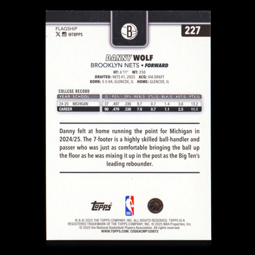 Danny Wolf RC 2025-26 Topps Rookie Nets
