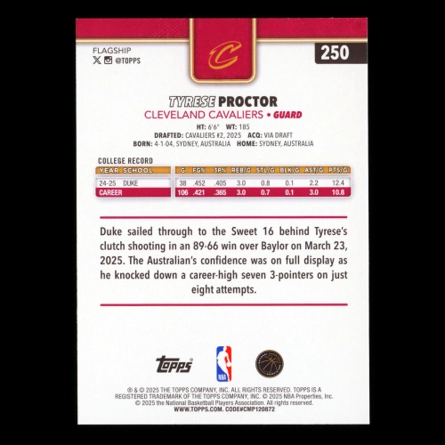 Tyrese Proctor RC 2025-26 Topps Rookie Cavaliers