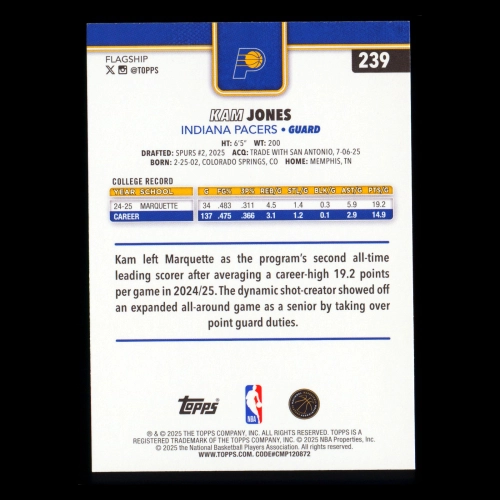 Kam Jones RC 2025-26 Topps Rookie Pacers