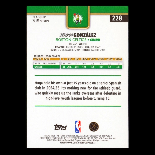 Hugo Gonzlez RC 2025-26 Topps Rookie Celtics