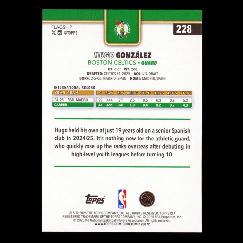 Hugo Gonzlez RC 2025-26 Topps Rookie Celtics