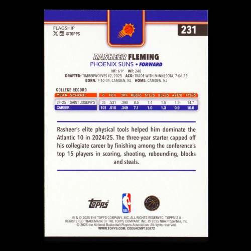 Rasheer Fleming RC 2025-26 Topps Rookie Suns