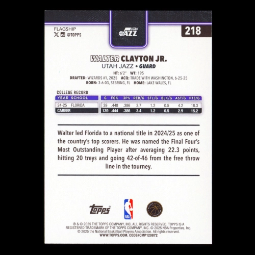 Walter Clayton Jr. RC 2025-26 Topps Rookie Jazz
