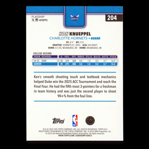 Kon Knueppel RC 2025-26 Topps Rookie Hornets