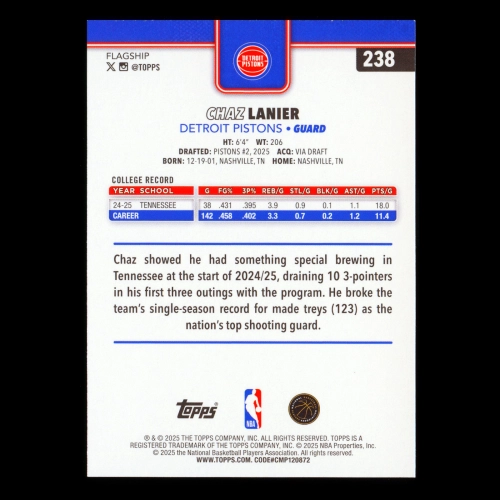 Chaz Lanier RC 2025-26 Topps Rookie Pistons