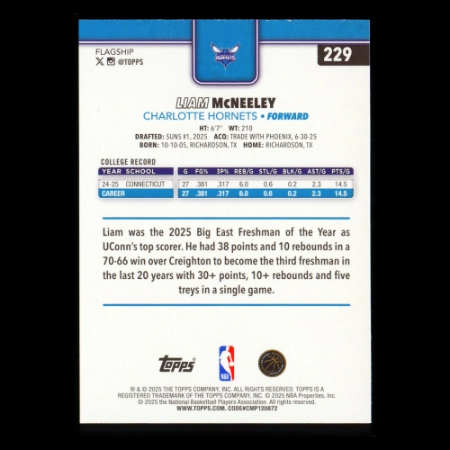 Liam McNeeley RC 2025-26 Topps Rookie Hornets