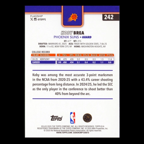 Koby Brea RC 2025-26 Topps Rookie Suns