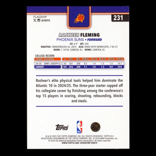 Rasheer Fleming RC 2025-26 Topps Rookie Suns