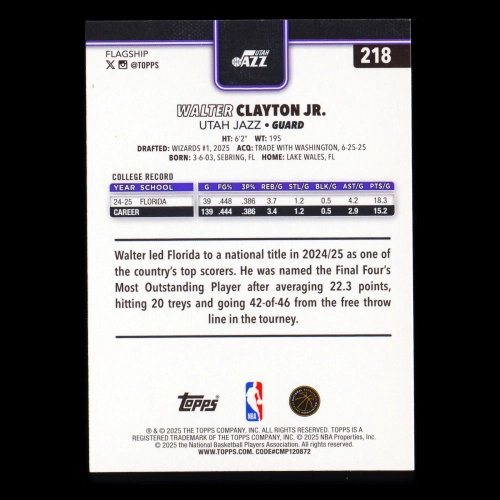 Walter Clayton Jr. RC 2025-26 Topps Rookie Jazz